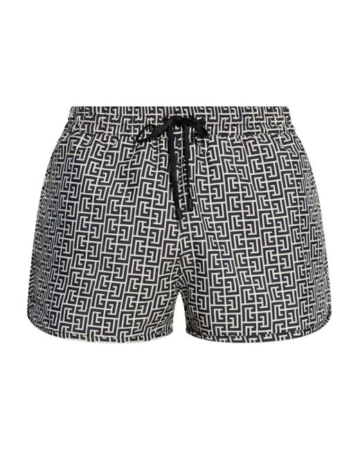 Balmain Gray Geometric-Print Swim Shorts for men