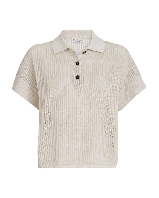 Brunello Cucinelli White Ribbed Polo Top