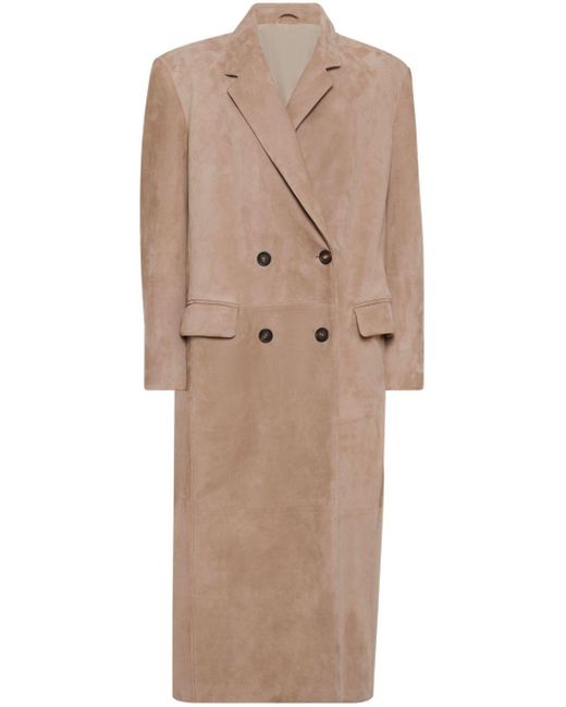 Brunello Cucinelli Natural Double-Breasted Suede Coat