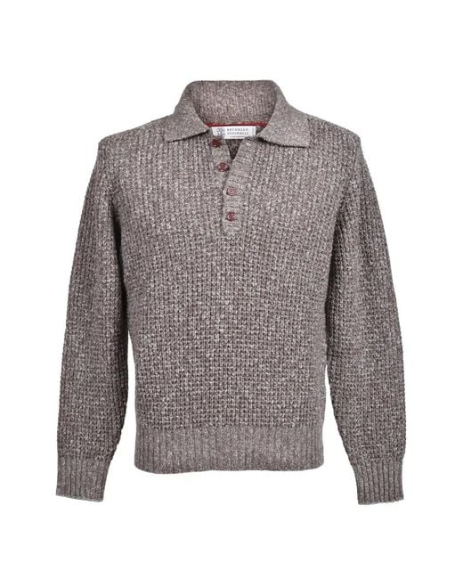 Brunello Cucinelli Gray Waffle-Knit Polo-Style Sweater for men