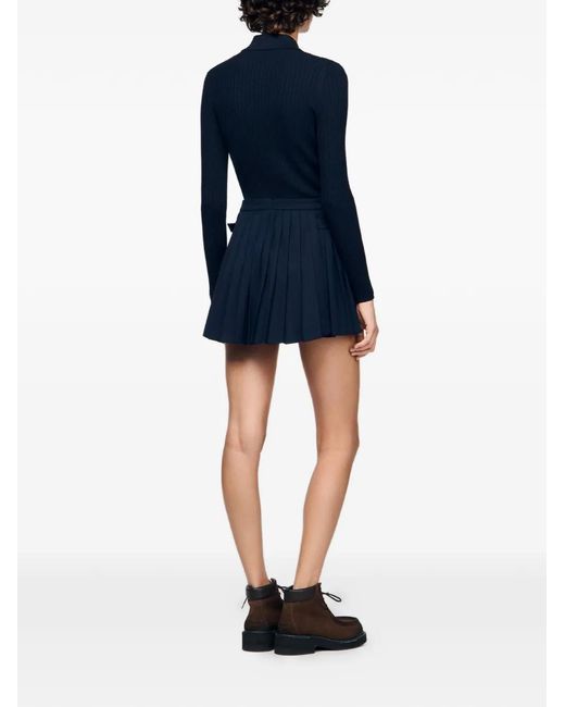 Sandro Blue Buckle Accent Pleated Skort