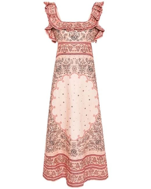 Zimmermann Pink Ruffled Paisley-print Linen Midi Dress