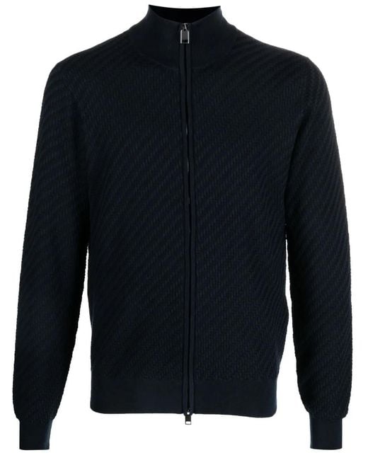 Brioni Blue Embossed-Finish Zip-Up Jumper