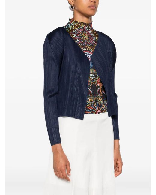 Pleats Please Issey Miyake Blue Pleated Asymmetric-Neckline Top
