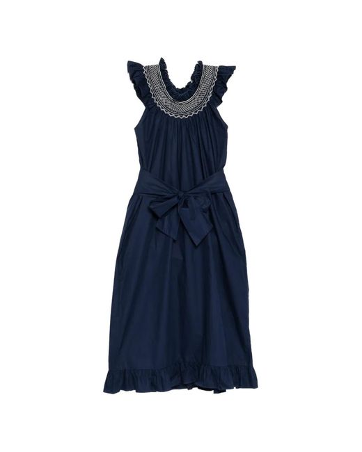 Loretta Caponi Blue Ruffled Cotton Midi Dress