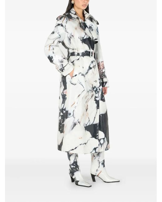 Roberto Cavalli White Marble-Print Double-Breasted Trench Coat