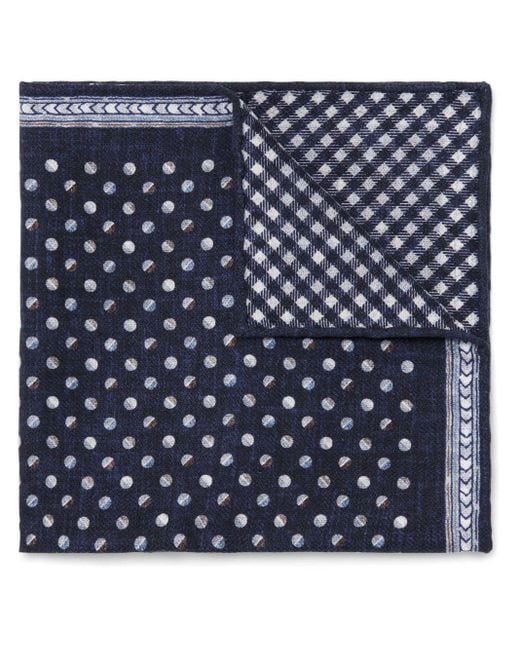Brunello Cucinelli Blue Geometric-pattern Reversible Silk Pocket Square for men