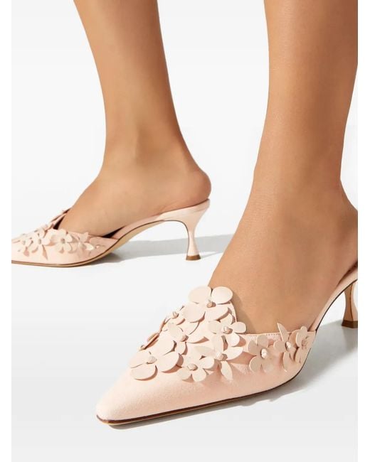 Manolo Blahnik Pink Harnes Floral-Detail Suede Mules