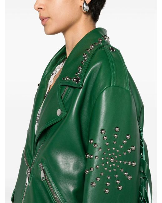 Erdem Green Studded Leather Biker Jacket