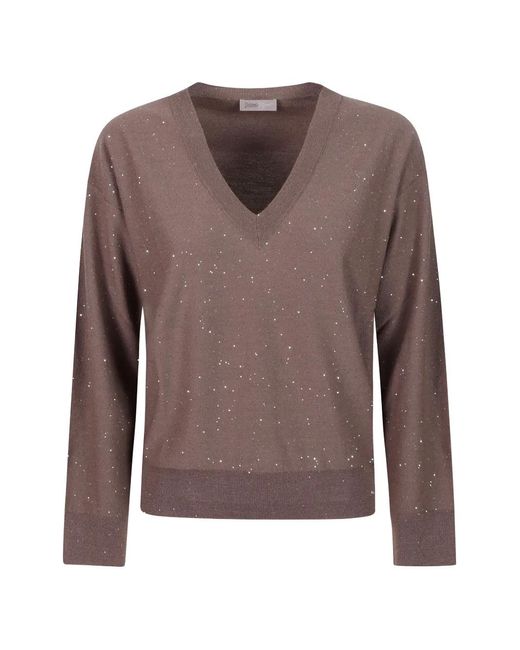 Herno Brown Sequin-Embellished V-Neck Sweater
