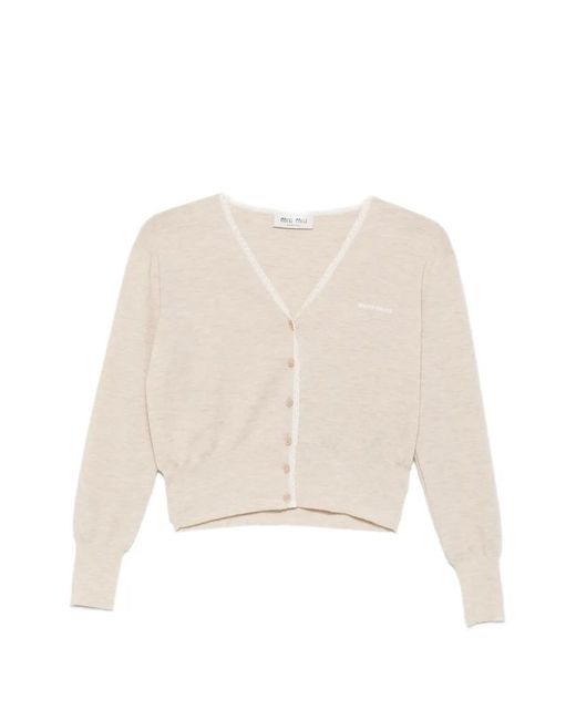 Miu Miu Natural Lace-Trim Cropped Cardigan