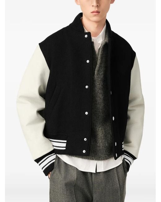AMI Black Wool And Leather Padded Teddy Jacket With Embroidery for men