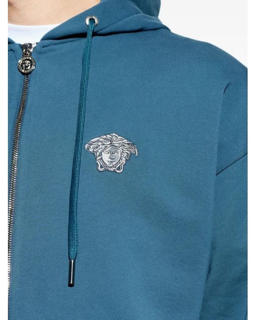 Versace Blue Embroidered Cotton-Jersey Zip Hoodie for men