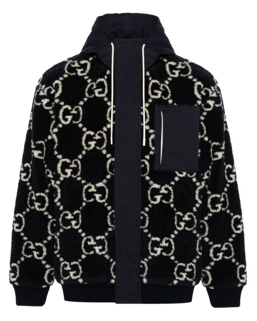Gucci Blue Monogram-patterned Funnel-neck Wool-blend Jacket for men