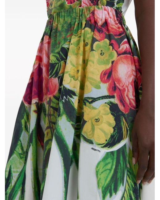 Marni Green Floral-print Cotton Midi Skirt
