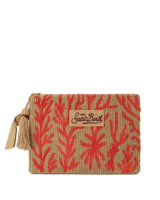 Mc2 Saint Barth Coral-Embroidered Jute Clutch Bag