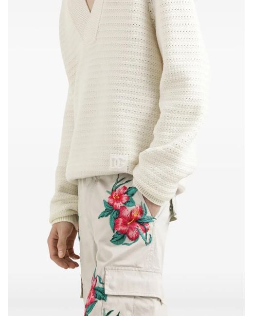 Dolce & Gabbana White Wool V-Neck Sweater With Dg Embroidery for men