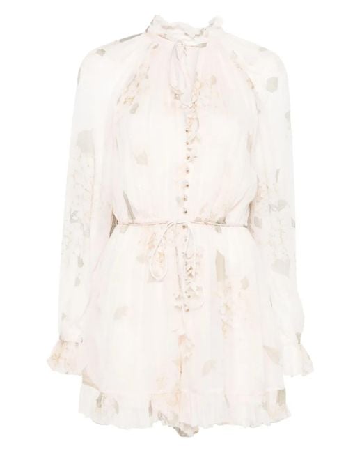 Zimmermann White Delicate Floral Playsuit With Removable Belt And Ruffled Edges