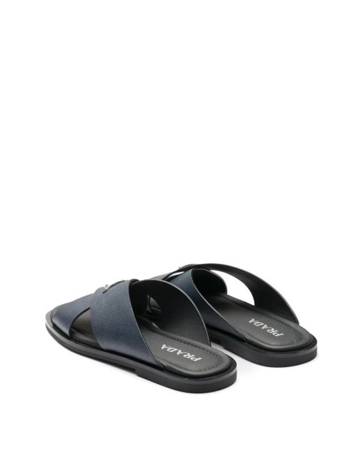 Prada Blue Saffiano-Leather Triangle-Logo Sandals for men