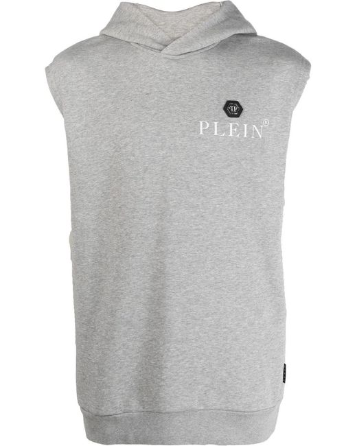 Philipp Plein Gray Hexagon Sleeveless Hoodie for men