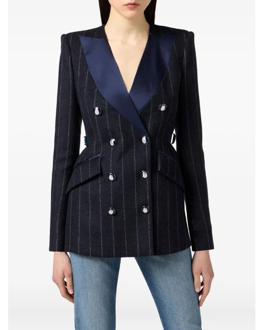 Elisabetta Franchi Blue Pinstripe Satin-Lapel Blazer