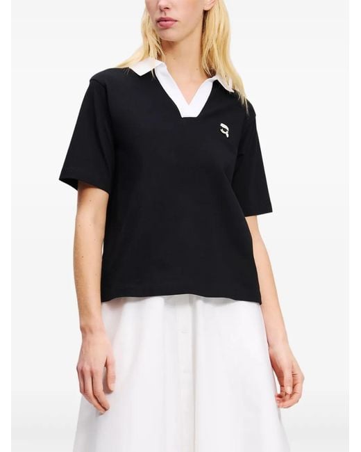 Karl Lagerfeld Black Logo-Patch Polo Top