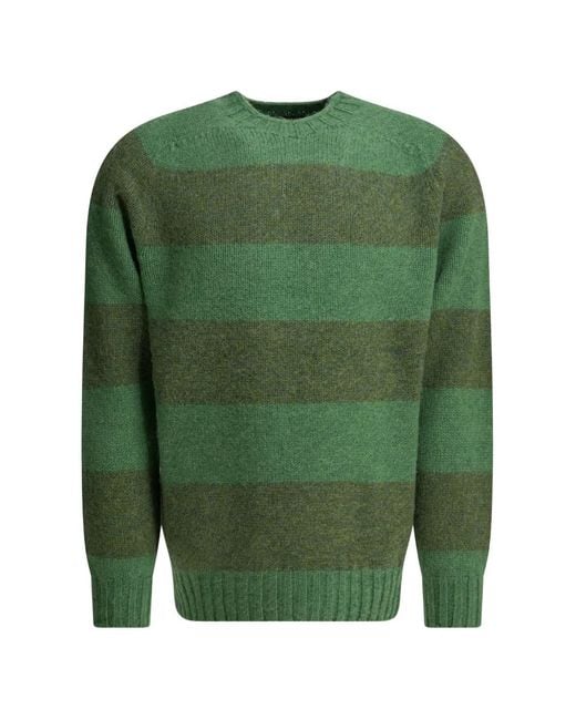 Beams Plus Green Striped Crew-Neck Sweater for men