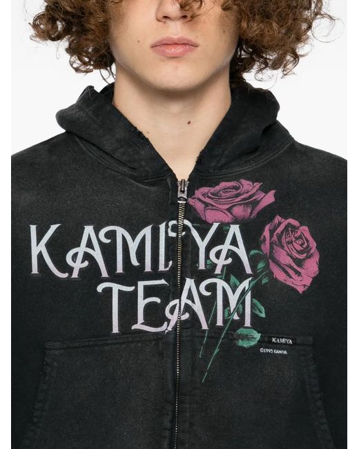 メンズ KAMIYA ローズプリント ダメージ パーカー Black