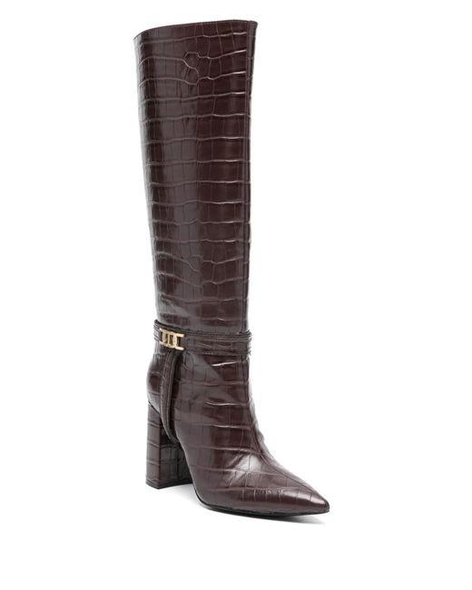 Twinset Brown Croc-Embossed Knee-High Leather Boots