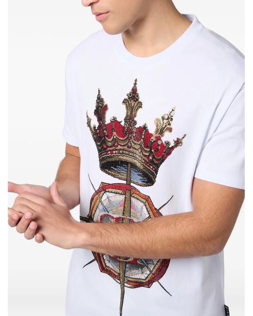 Philipp Plein メンズ ホワイト ラインストーン Tシャツ