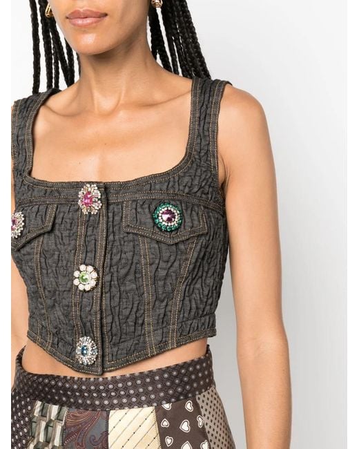 Moschino Black Brooch-Embellished Denim Bustier