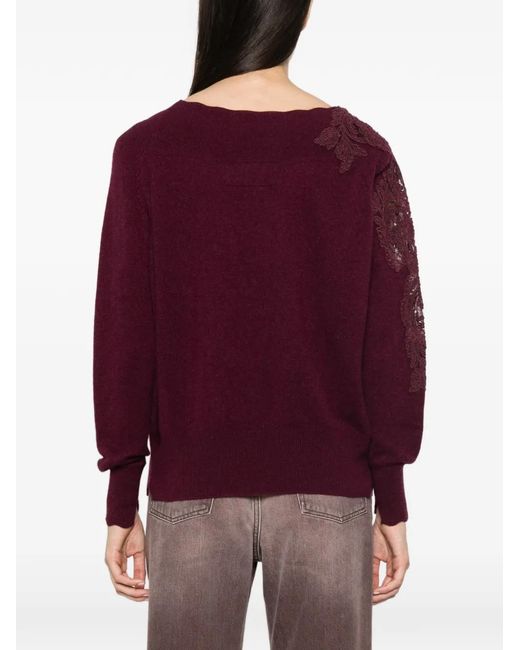 Ermanno Scervino Red Pull En Maille À Ornements En Dentelle Et Col Bateau