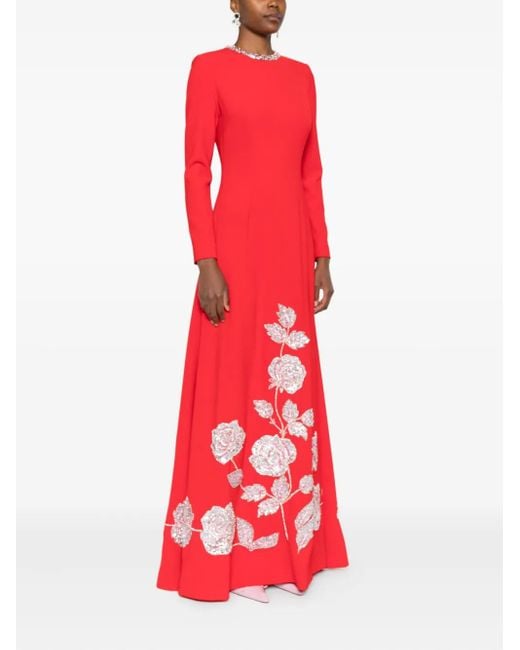 Dina Melwani Red Embellished-rose Maxi Dress