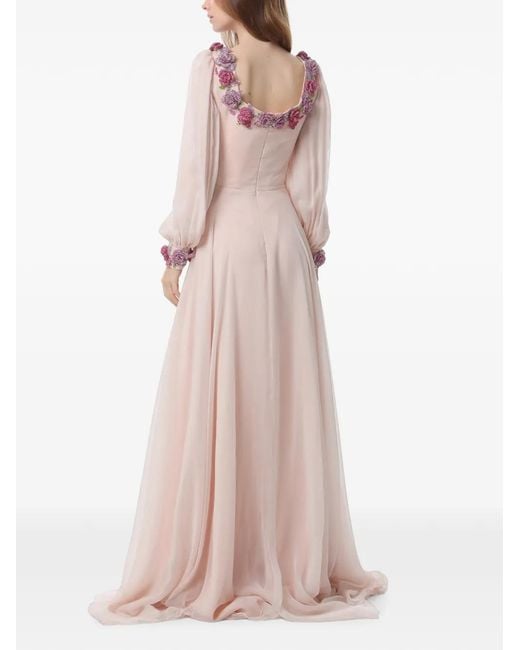 Dina Melwani Pink Floral-Embellished Silk Maxi Dress