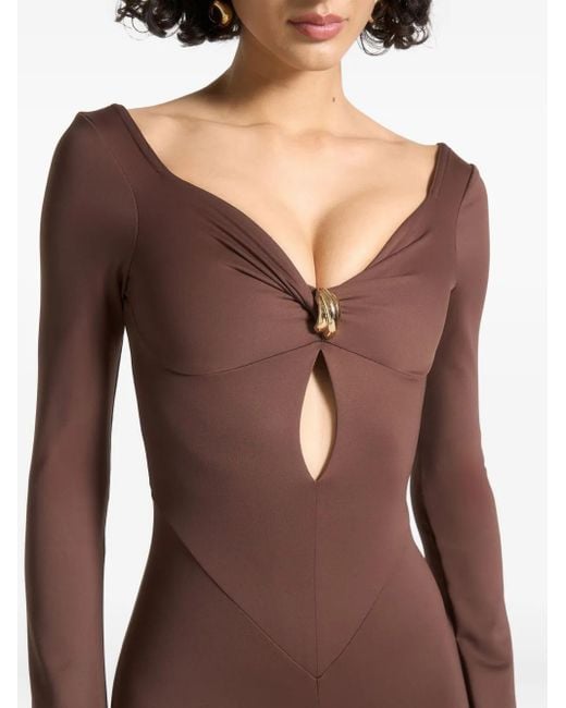 Manière De Voir Brown Twisted Bust Off-Shoulder Jumpsuit