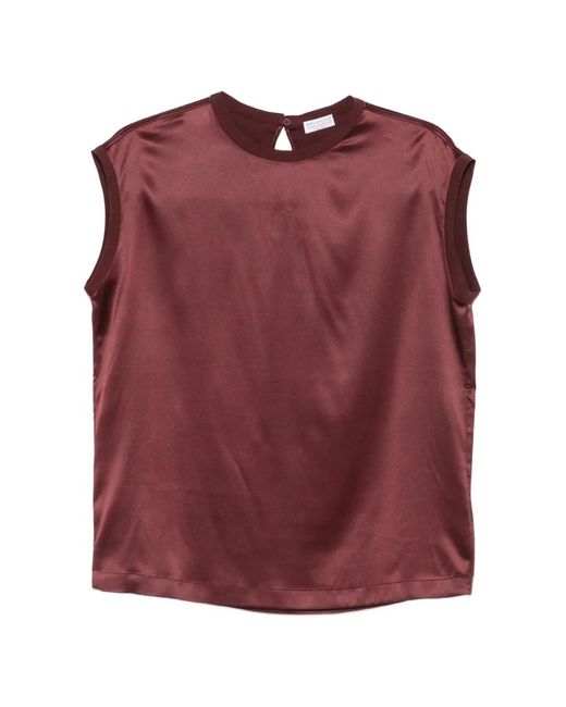 Brunello Cucinelli Red Satin Cap-Sleeve Top