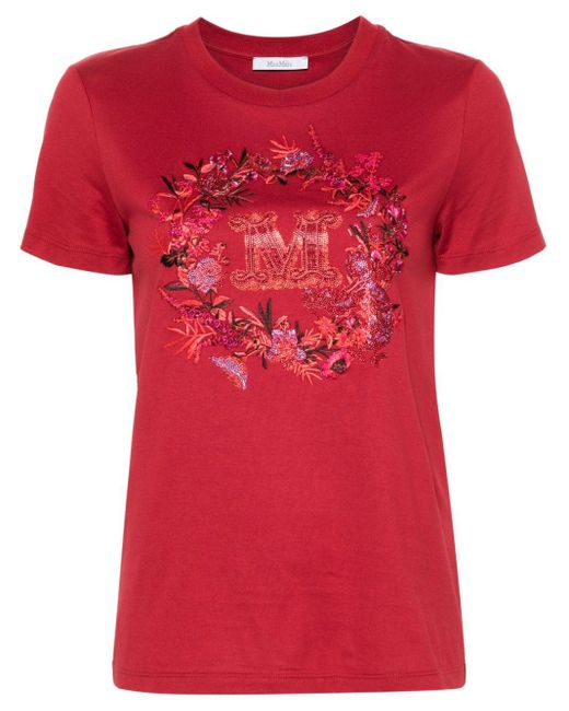 Max Mara Red Crystal-embellished Cotton T-shirt