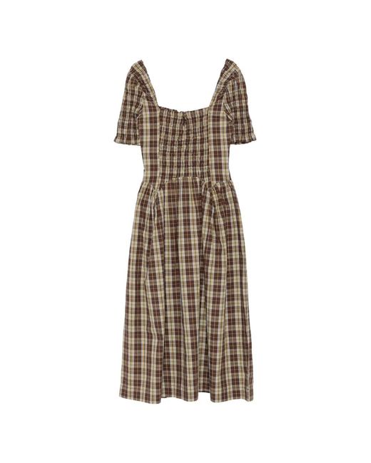 Damson Madder Natural Emmy Shirred Checked Midi Dress