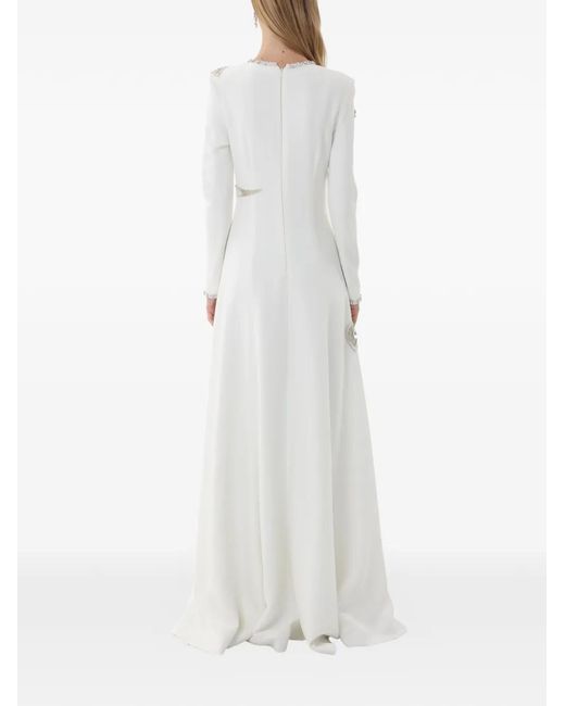 Dina Melwani White Crystal-Embellished Hummingbird Evening Maxi Gown Dress