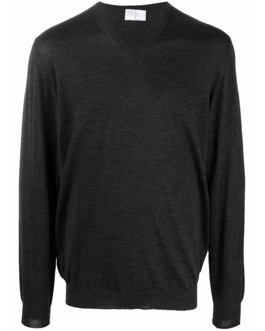Fedeli Black V-Neck Virgin Wool Jumper for men