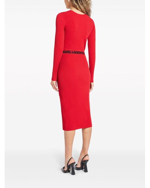 Karl Lagerfeld Red Ribbed Logo-waistband Midi Dress