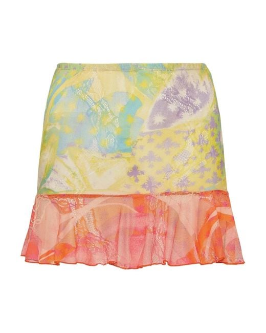 Donde Esteban Yellow Mesh Ruffled Mini Skirt