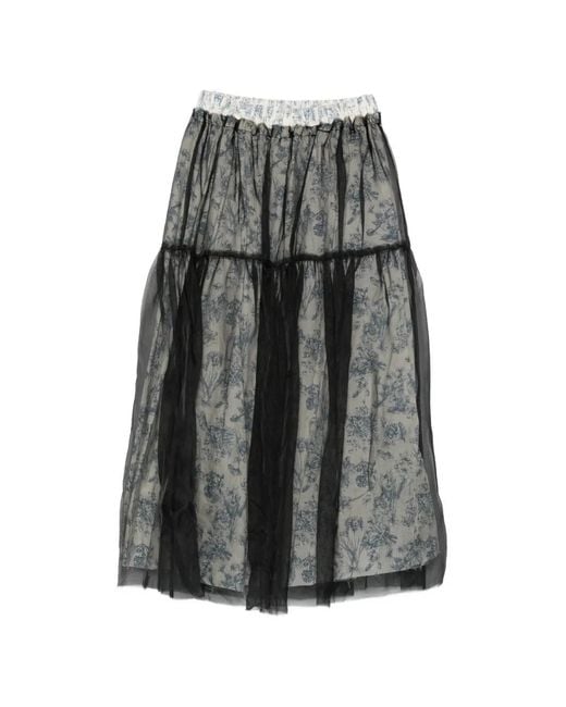 A Tentative Atelier Gray Toile De Jouy Tulle-Overlay Skirt