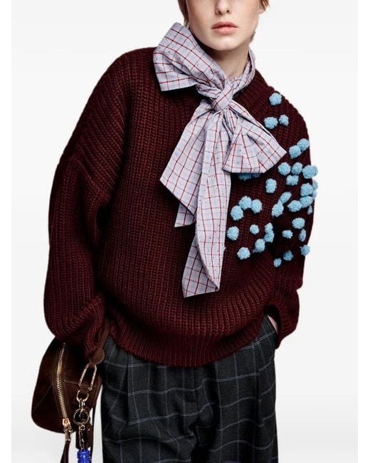 Essentiel Antwerp Red Pompon-Embellished Ribbed-Knit Jumper