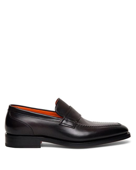 Santoni Black Almond-toe Leather Penny Loafers for men
