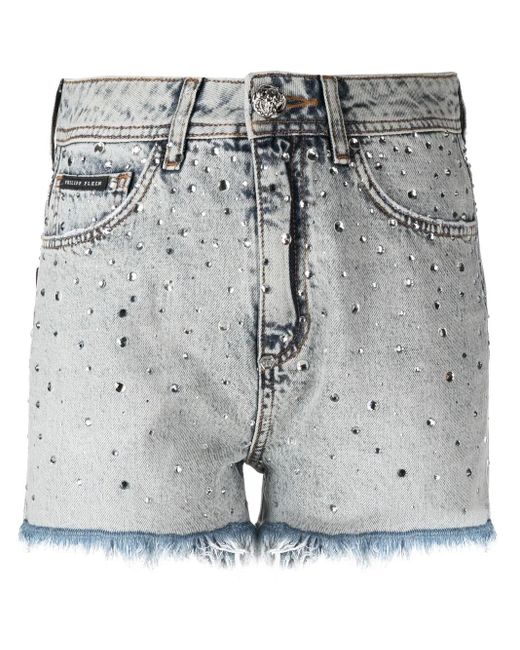 Philipp Plein Gray Logo-Patch Crystal-Embellished Shorts
