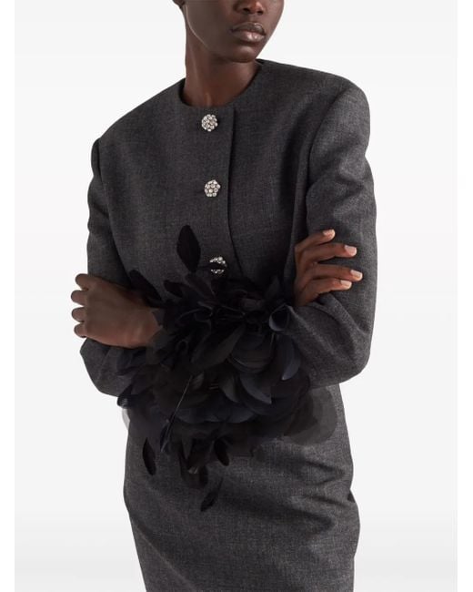Prada Black Feather-Trimmed Wool Cropped Jacket