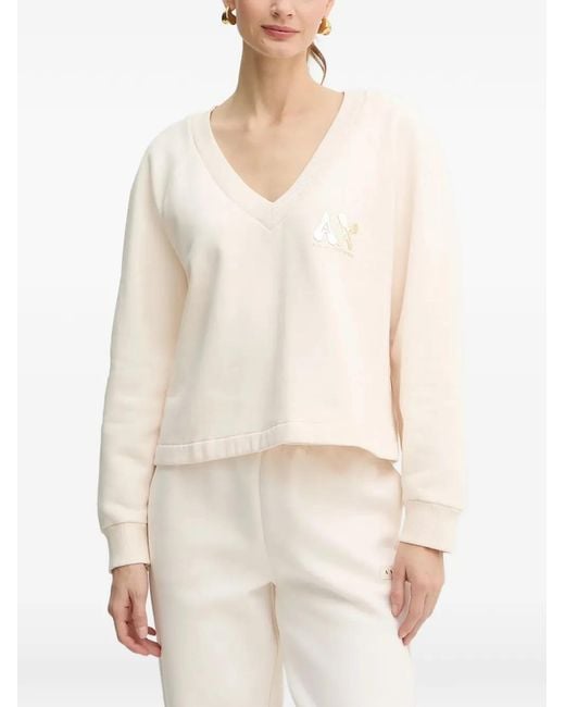ARMANI EXCHANGE White V-Neck Logo-Plaque Sweatshirt