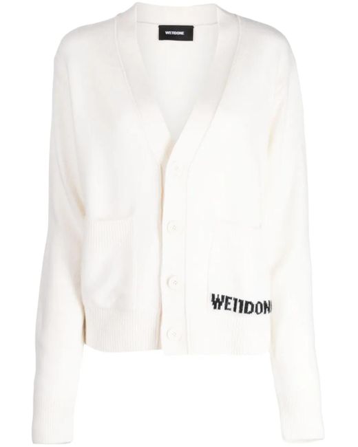 we11done White Logo-Intarsia Wool Cardigan