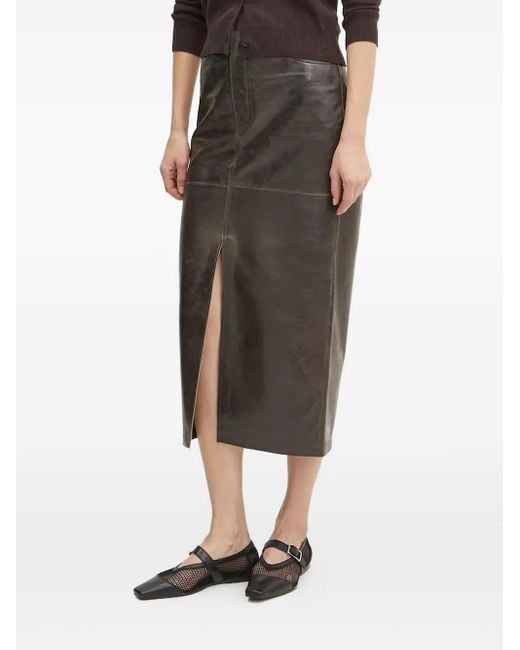 Day Birger et Mikkelsen Brown Front-Slit Leather Midi Skirt